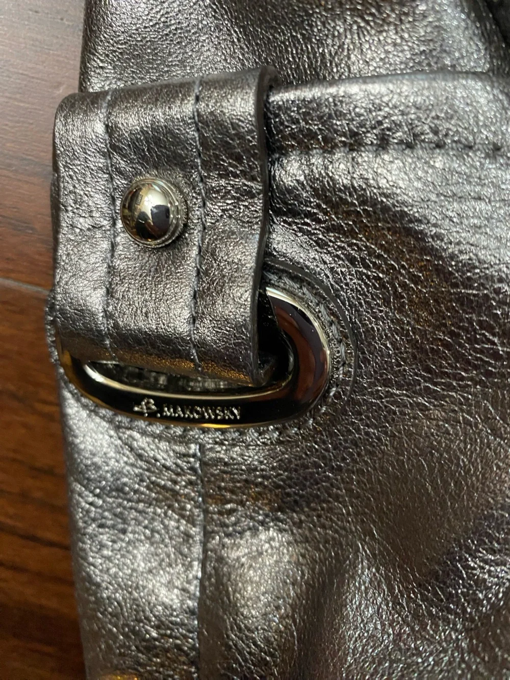 B.Makowsky Pewter Leather Large Tote Studded Purse Bag Animal Print Inside